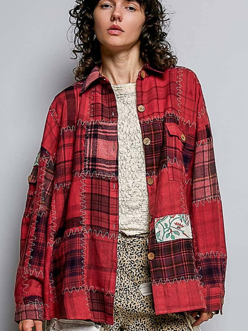 POL NWT Vintage Oversized Red Plaid Patchwork Stitch Button-Down Flannel Shirt
